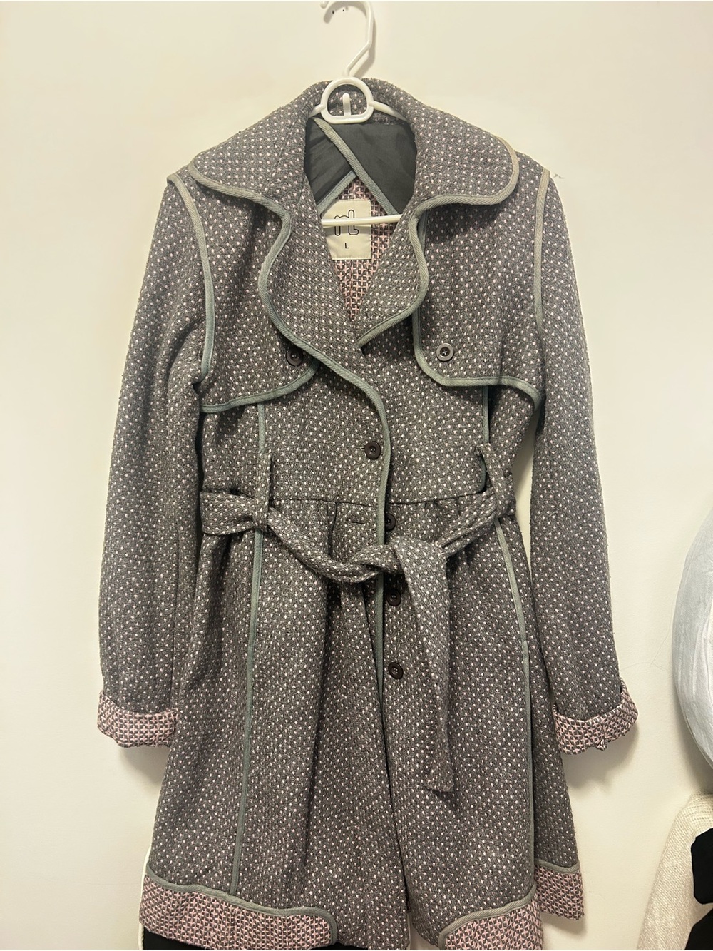 Wool-Blend Gray Polka Dot Vintage Style Trench Coat with Belt - Picture 1 of 3